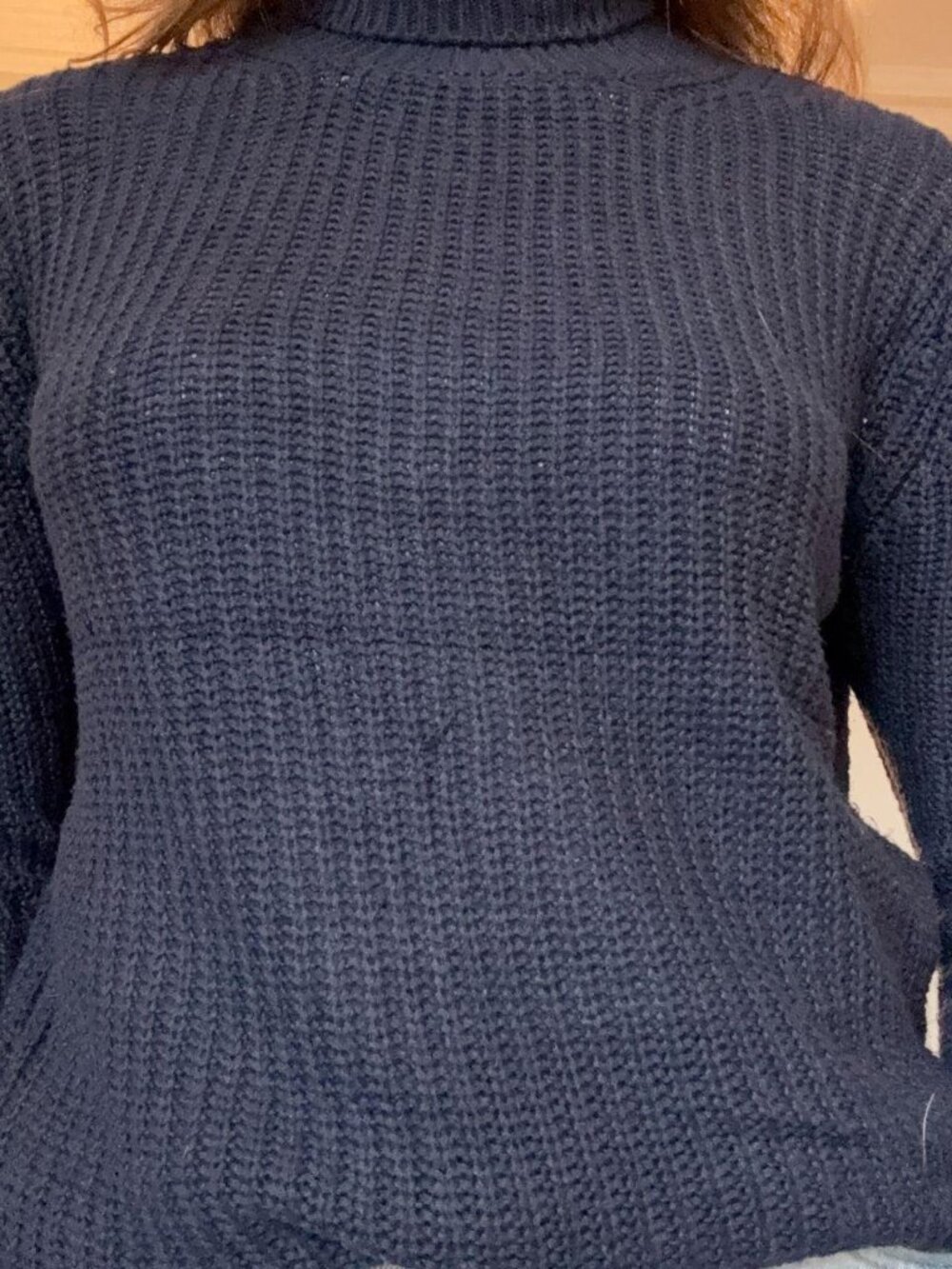 Brandy Melville Navy Chunky Ribbed Mock Neck Sweater Balloon Sleeve Italy
